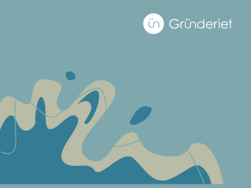 Gründeriet logo, med grafikk av bølger. i gründeriets farger.