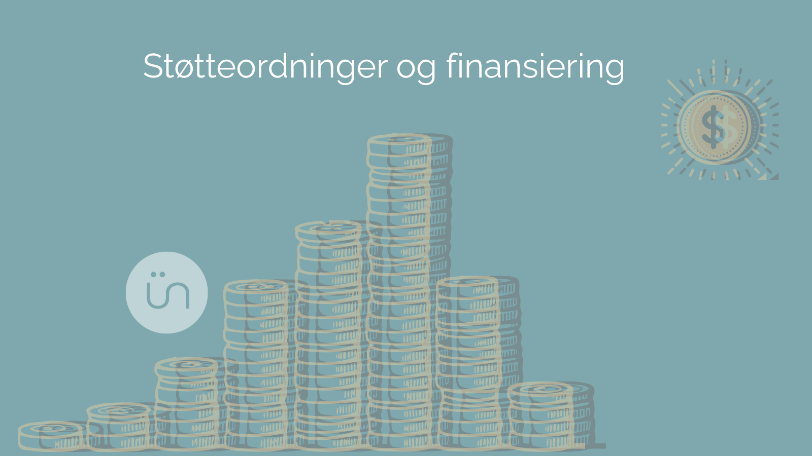 Grafikk med bilde av en stabel med mynter. Representerer kapitalbehov ved etablering av egen bedrift. Med teksten: Støtte ordninger og finansiering