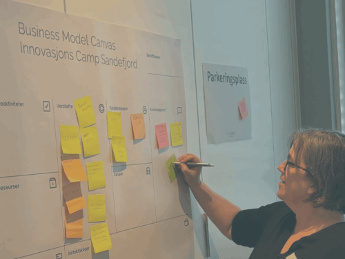 Fotografi fra Gründeriet. Bilde av en dame som bruker Osterwalders Business Model Canvas.